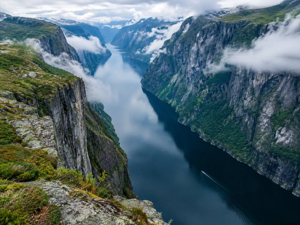 The Lysefjord seen from high on Kjerag, with steep walls dropping to dark water